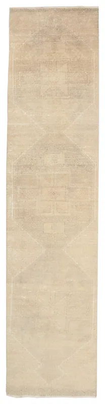 Full top view of the 2'11" x 12'8" vintage Anatolian runner rug with subtle geometric patterns on a white background