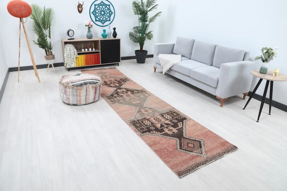 Angle view of the runner rug in a living room, showing its length and placement