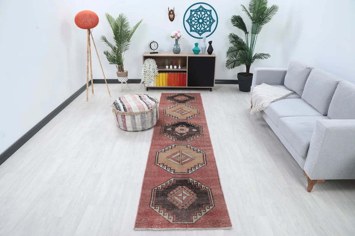 Runner rug in a modern living space, showing its length and design in context.