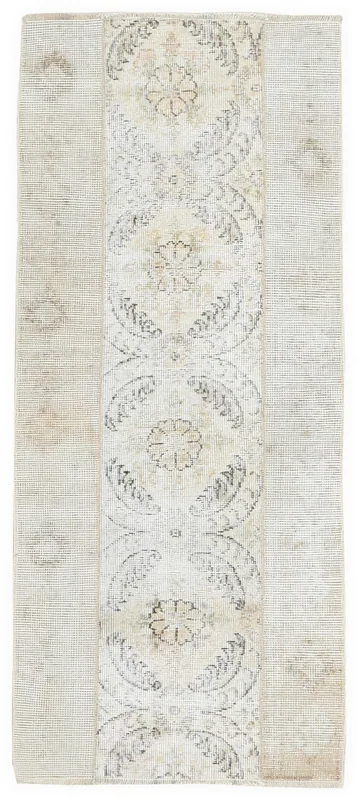 Full top view of the 2x6 cream and gray vintage Anatolian runner rug on a white background.