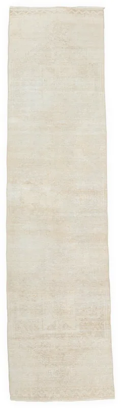 Full top view of the beige tonal geometric vintage Anatolian runner rug