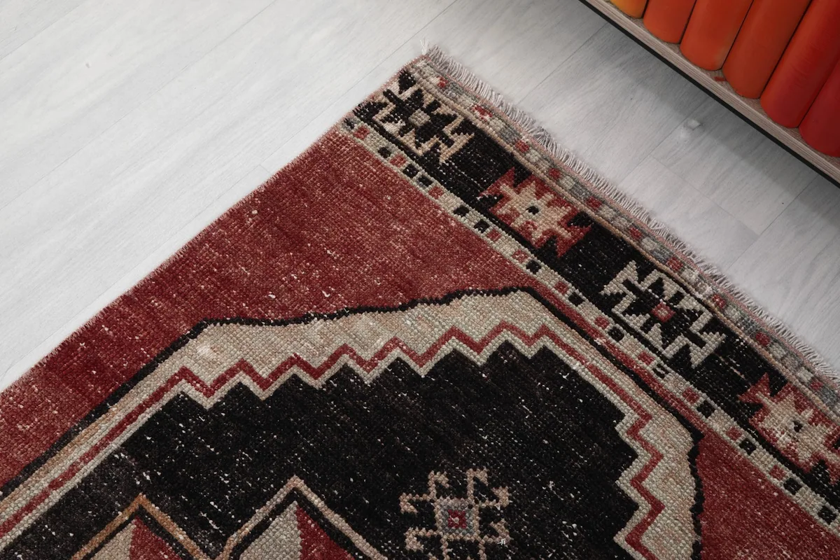 Corner detail of the rug, showing the border design and fringe