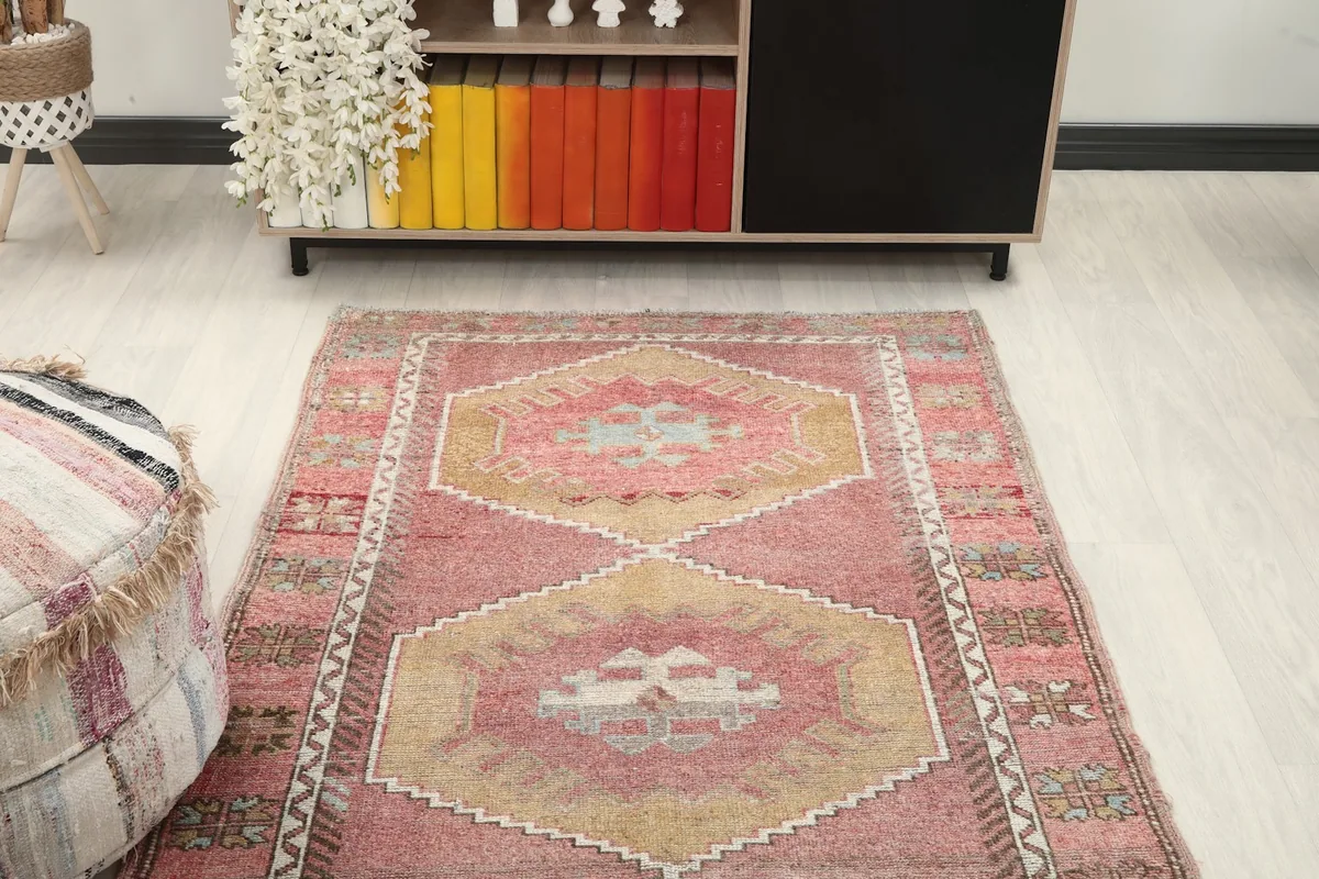 Overhead view of a section of the runner rug in a room setting, showing its placement