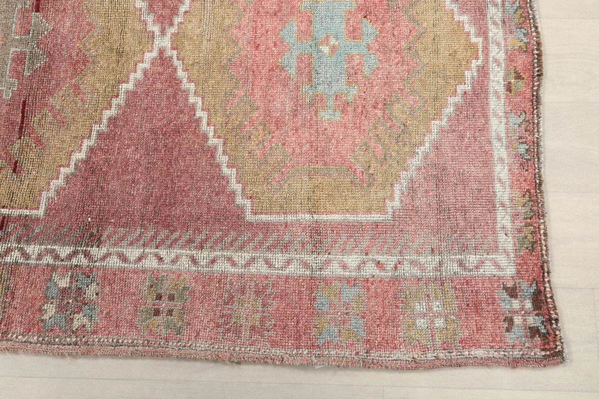 Detail shot of the rug's border pattern and a tan medallion with a blue center