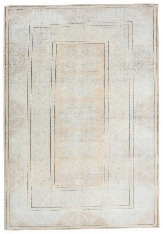 Full top view of the beige and gold geometric vintage Anatolian area rug