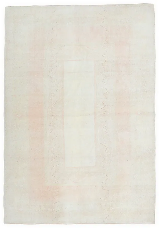 Full overhead view of the 6'6" x 9'9" cream and rose vintage Anatolian rug