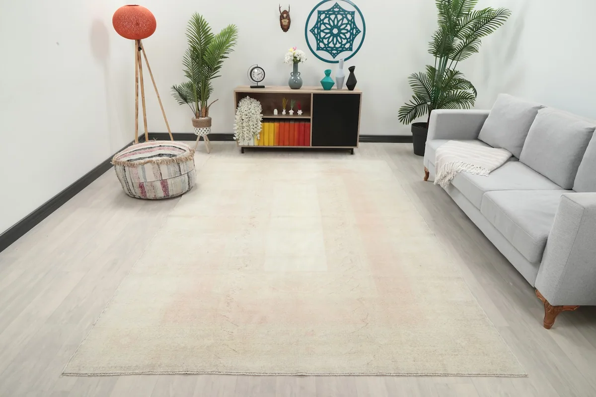 Vintage cream and rose rug displayed in a bright living room setting with a sofa