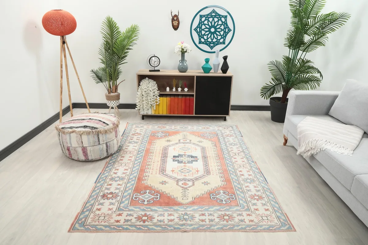 Vintage Anatolian rug displayed in a bright living room setup with a sofa and plants