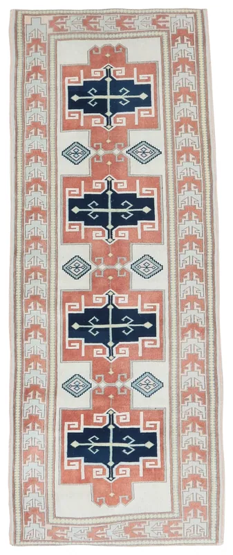 Full top view of the Cream Navy Rust Tribal Runner on a white background, showcasing its geometric patterns.