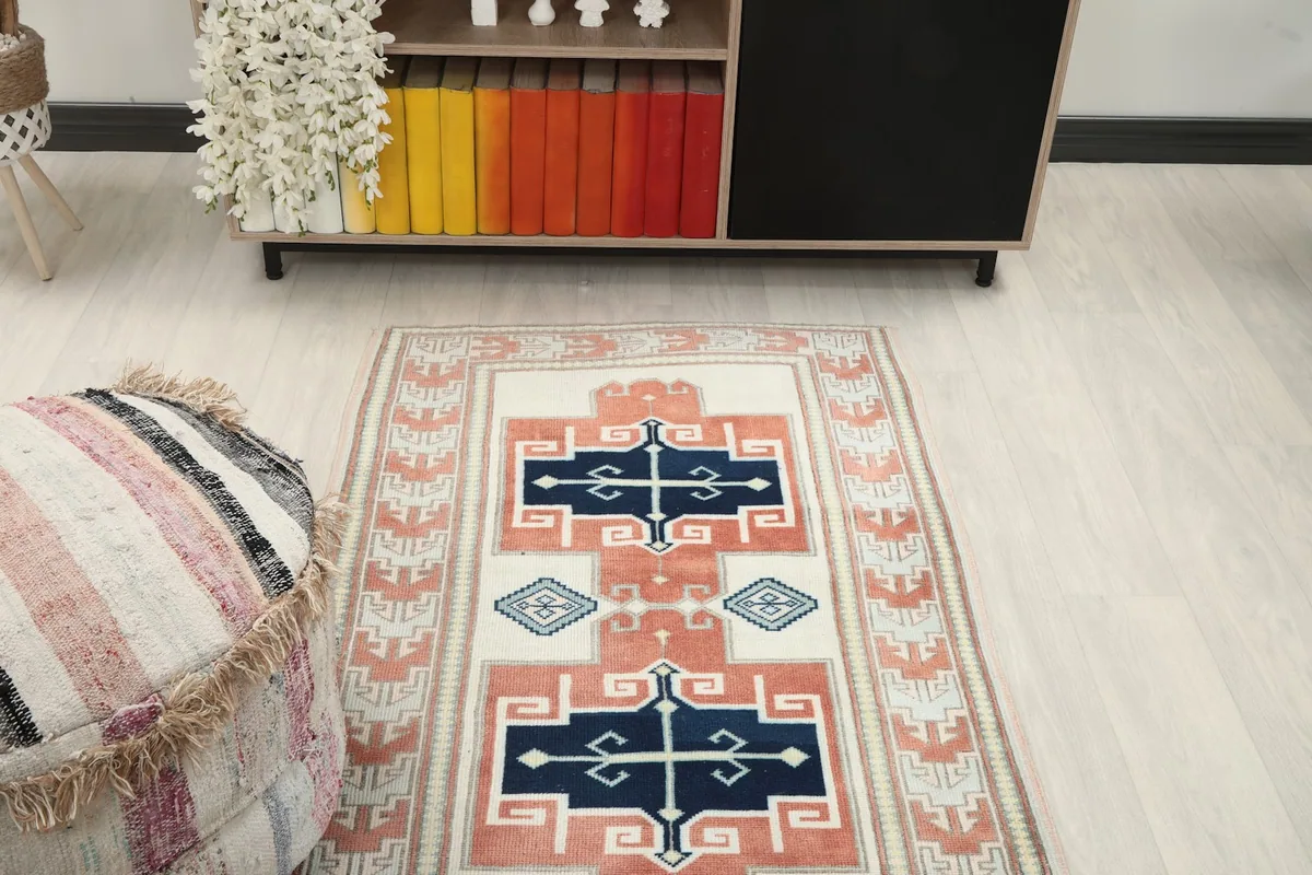 Overhead view of the runner in a room, focusing on the central design and surrounding decor elements.
