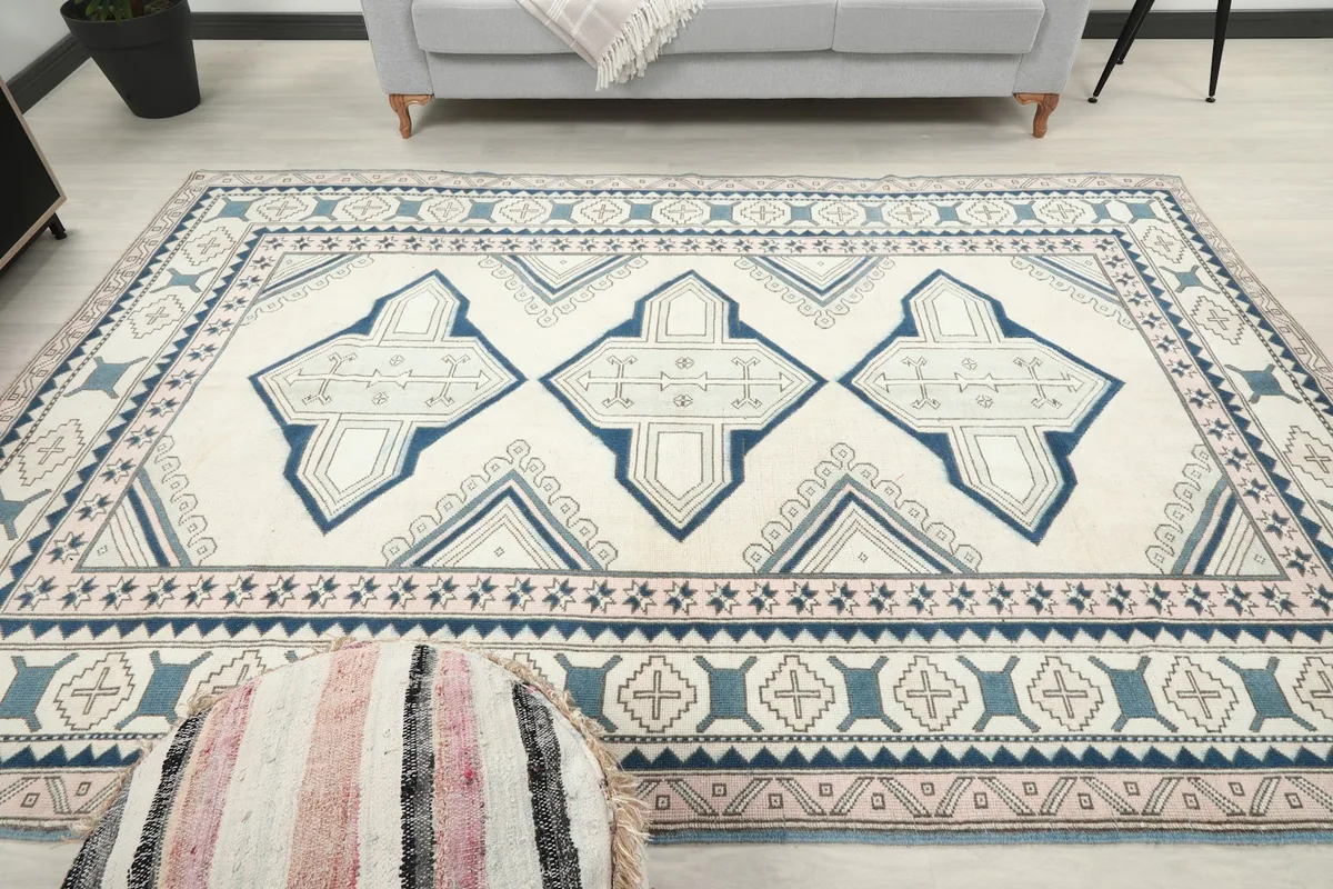 Full view of the rug from a lower angle in a living room setting