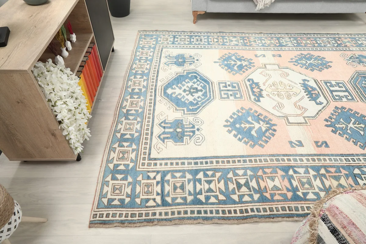 View of the rug in a living space, showcasing its size and colors in context