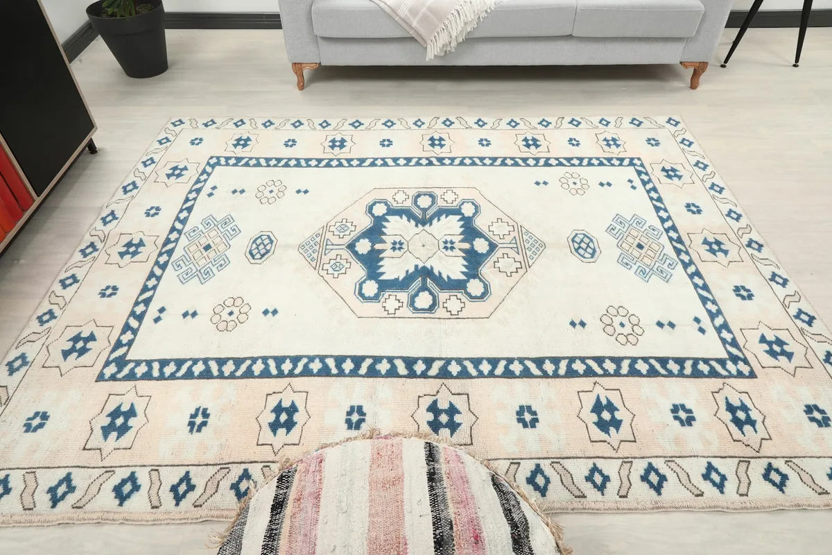 Wide shot of the rug in a living room, illustrating its fit with home decor