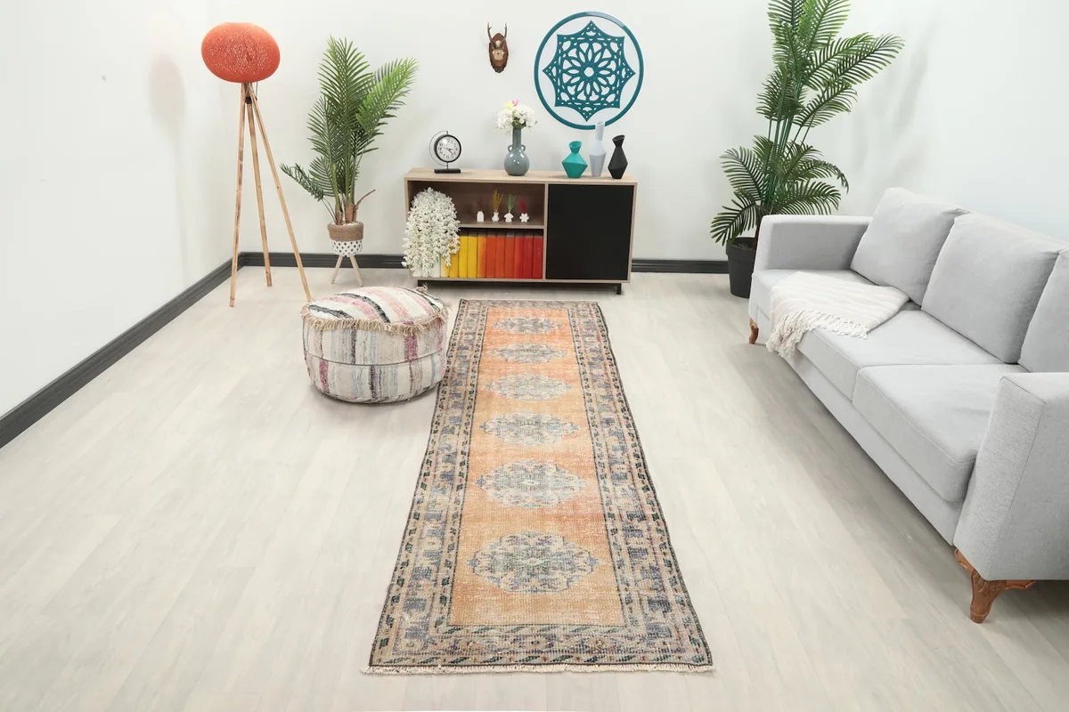 Runner rug displayed in a bright living room setting with a light gray sofa and modern decor.