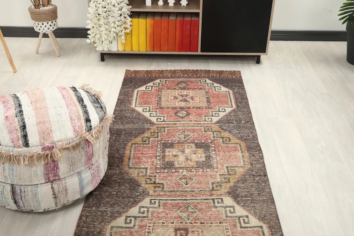 Overhead view of the runner rug in a room setting, focusing on the repeating patterns.