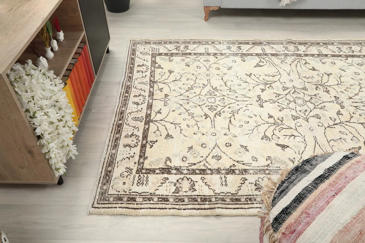 Room shot of the ivory Anatolian rug, capturing its placement in relation to a pouf and shelving