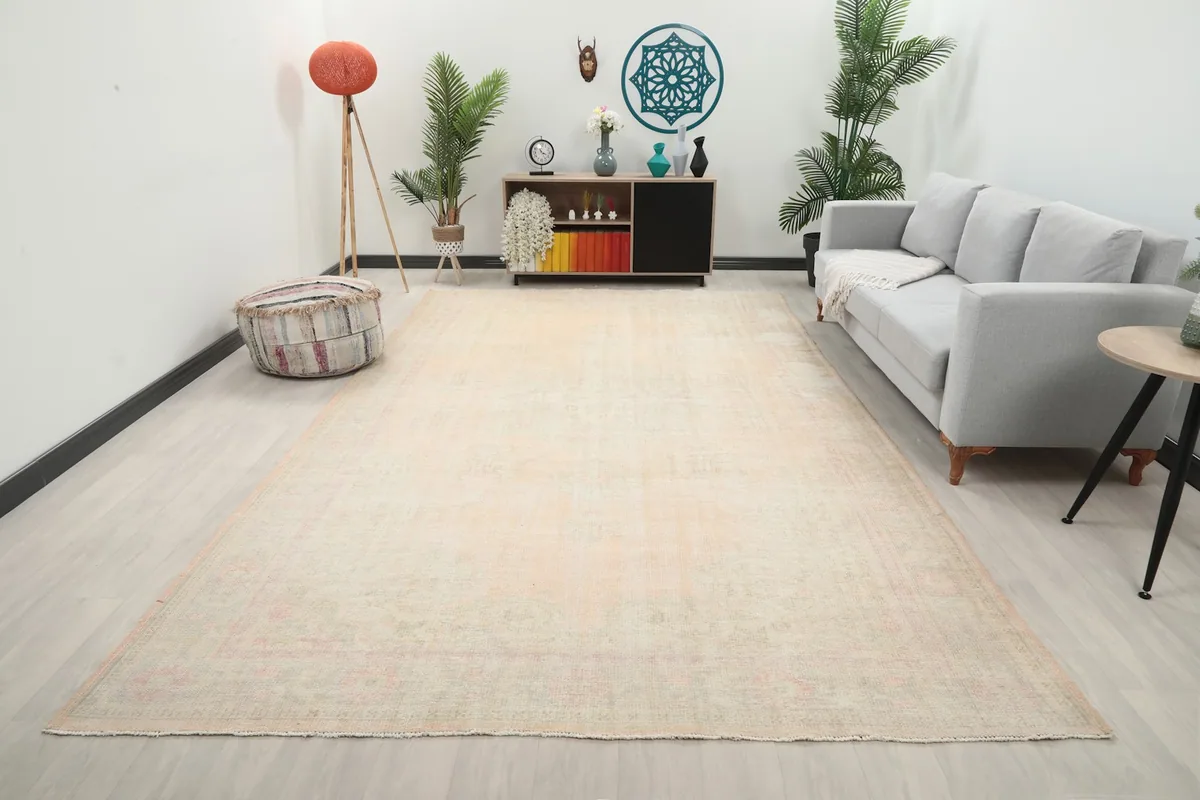 Vintage Anatolian rug in a staged living room setting with a light gray couch