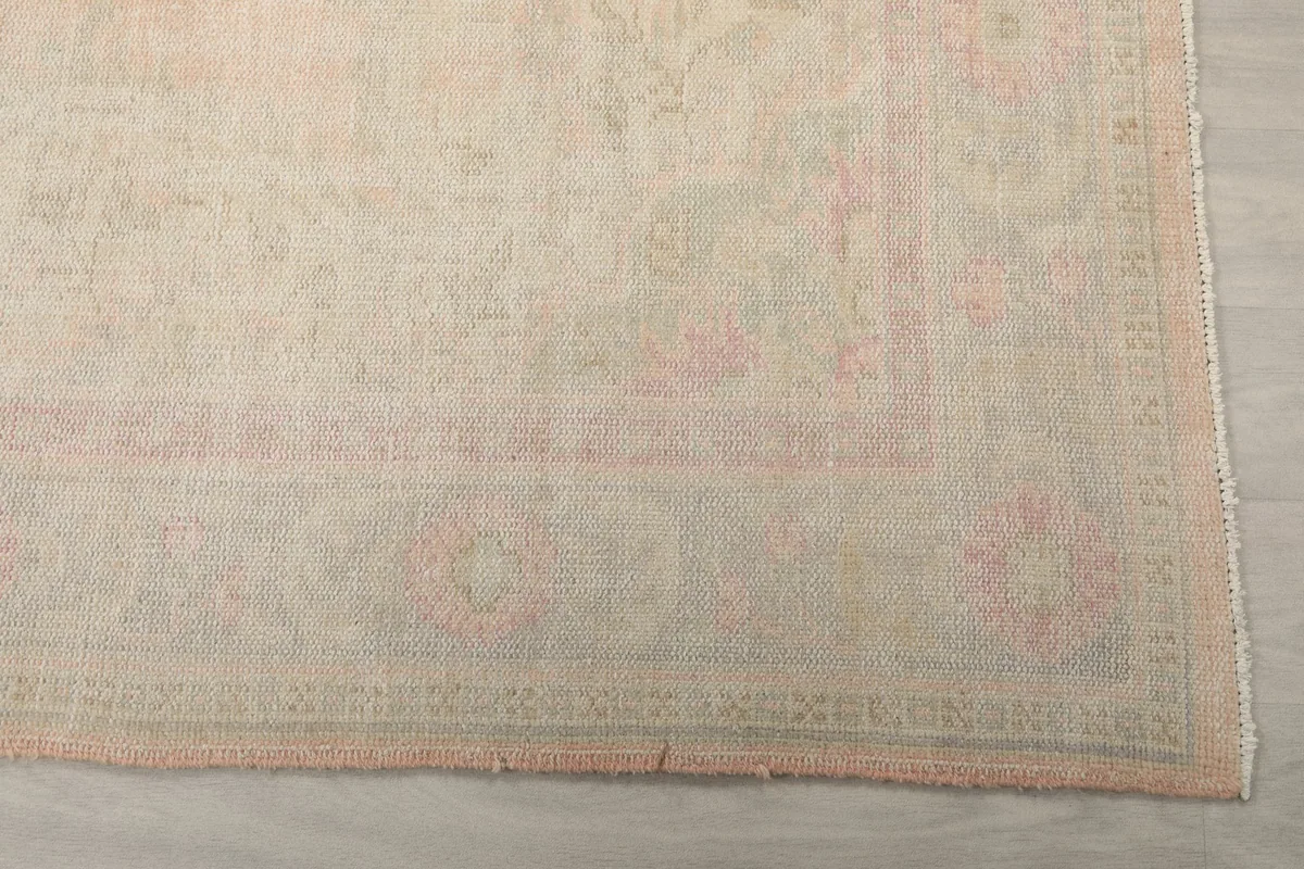 Detailed view of the rug's border with rose and green geometric patterns