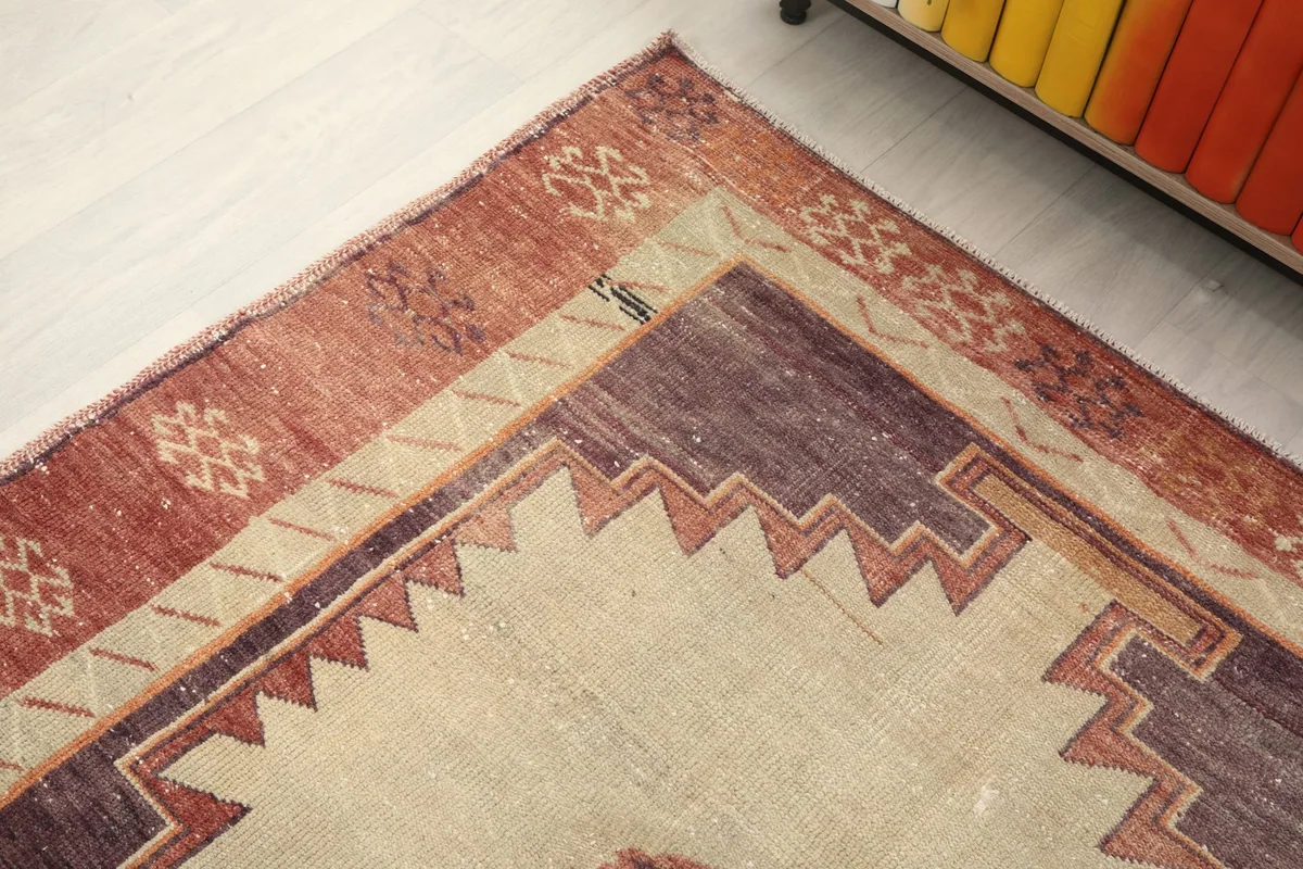 Close-up of the rug's rust-colored border with small traditional patterns and the transition to the main field.