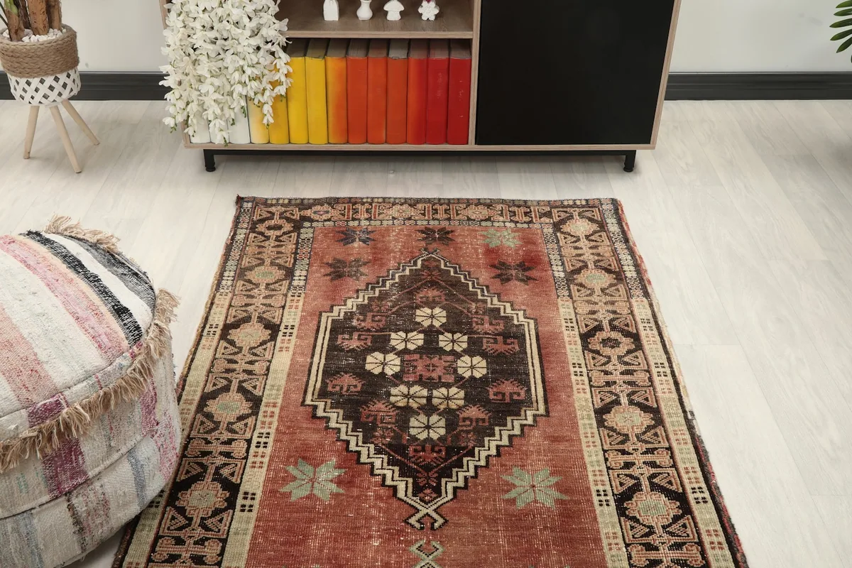 Overhead view of a section of the runner rug in a room, showing its texture and design