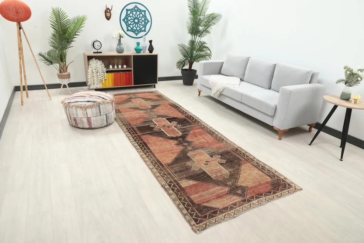 Vintage runner rug displaying its full length in a modern living room setting