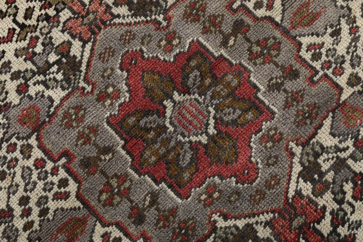 Tight detail of the intricate floral and geometric patterns within the medallion