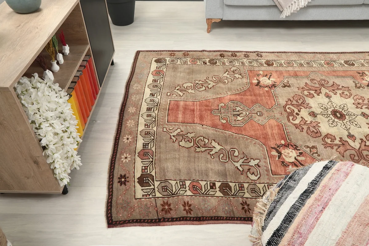 Angled shot of the rug in the room, highlighting its texture and design