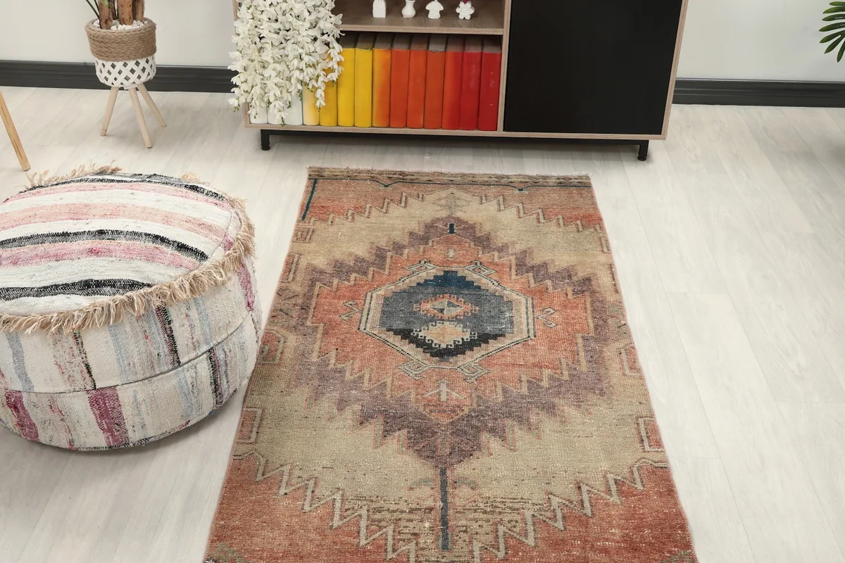 Overhead view of a section of the runner rug in a room, focusing on its middle part