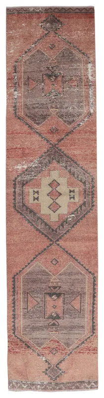 Full overhead view of the rust vintage Anatolian runner rug with geometric tribal patterns