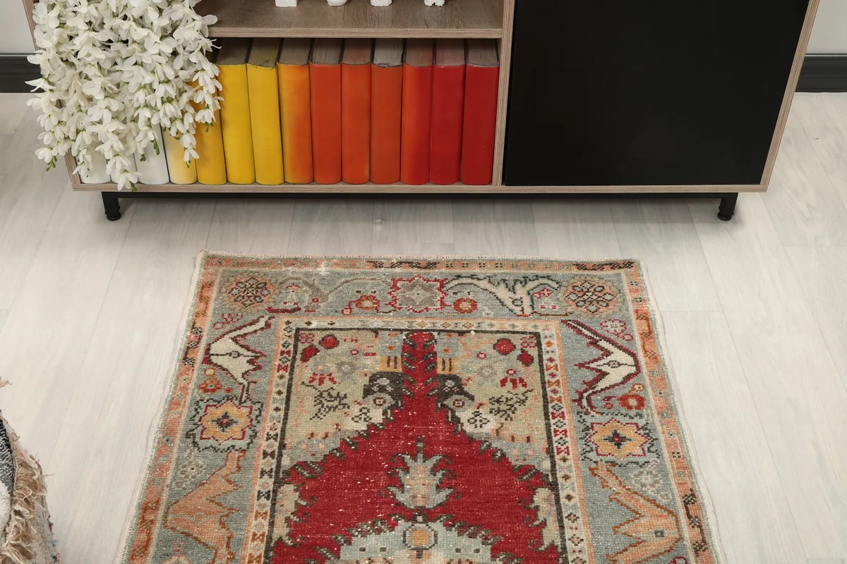 Overhead shot of the rug in a room, showing its placement relative to furniture