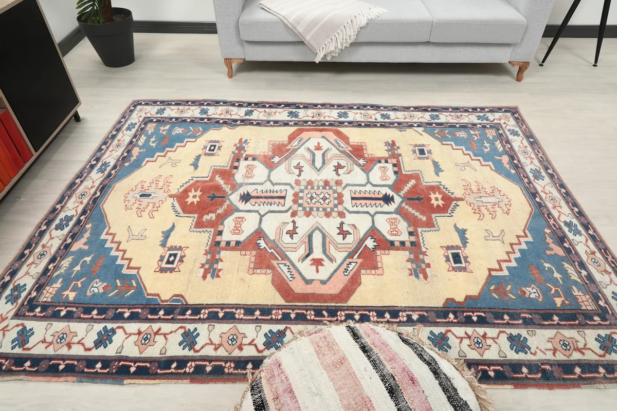 Overhead view of the rug in the room, showcasing the overall design and how it fills the space