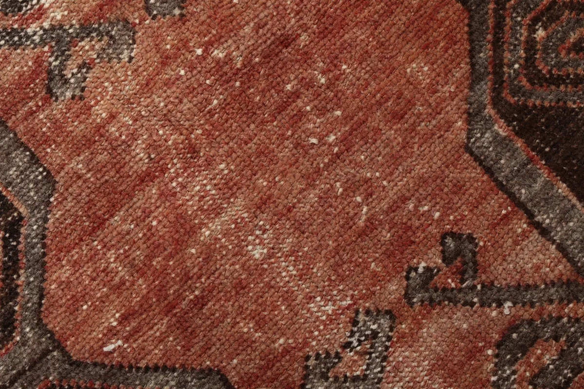 Macro shot of the low wool pile, showing the texture and color variations in the rust field.