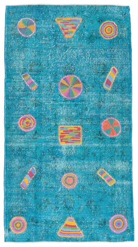 Full top view of a 3'10" x 7'1" blue multicolor geometric vintage rug on a white background.