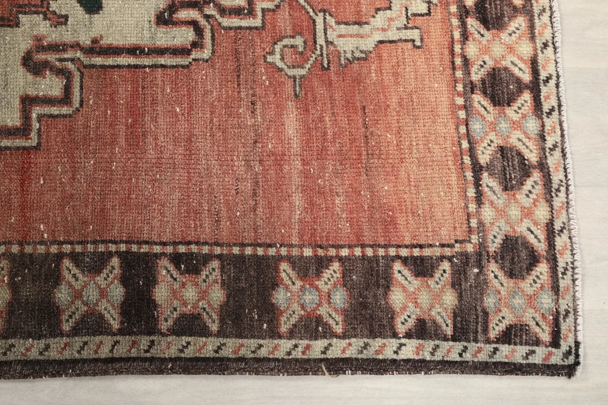 Detailed view of the rust field and dark brown border with geometric patterns