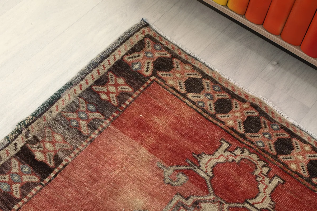 Corner detail showing the dark brown border and part of the rust field