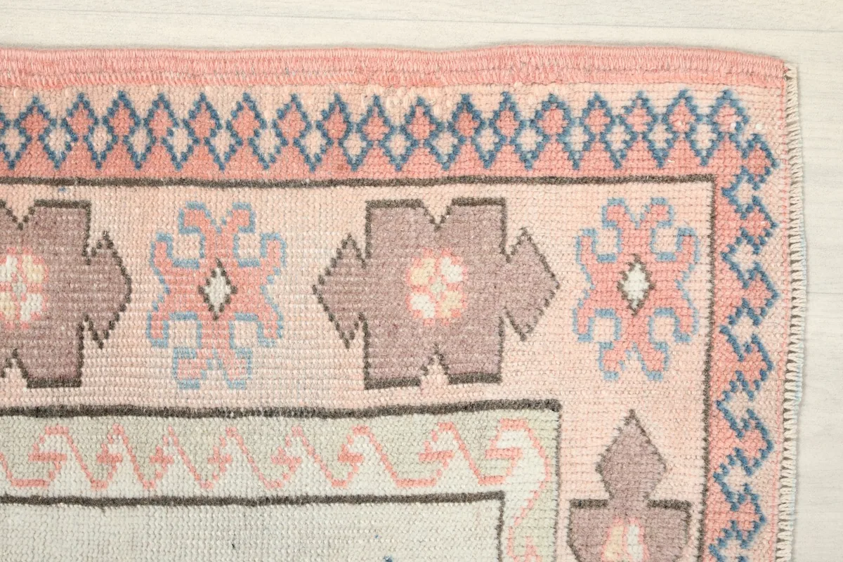Detailed view of the rug's rose and brown border with geometric patterns