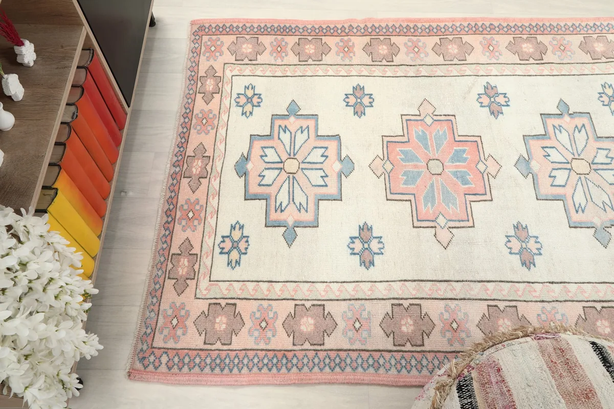 Overhead shot of the rug on the floor, capturing its full pattern and colors