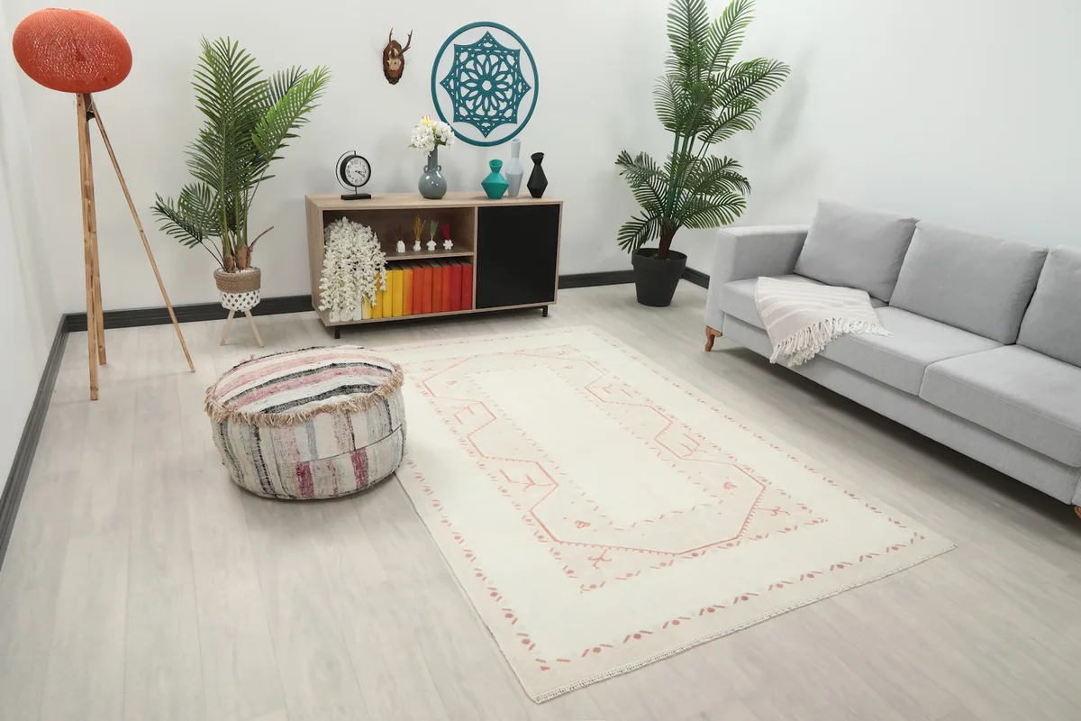 Area rug from an elevated angle, showing its placement in a modern living space