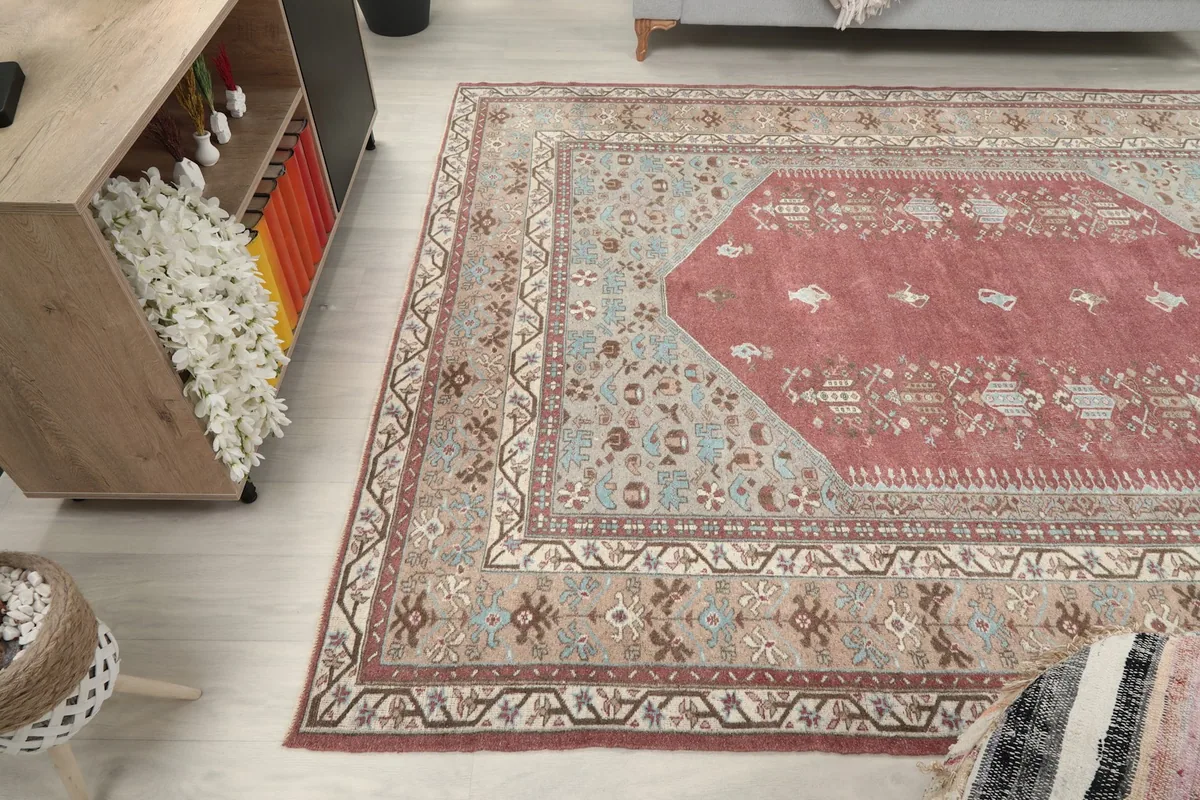 Wide angle view of the rug from another perspective in the room, capturing its overall placement