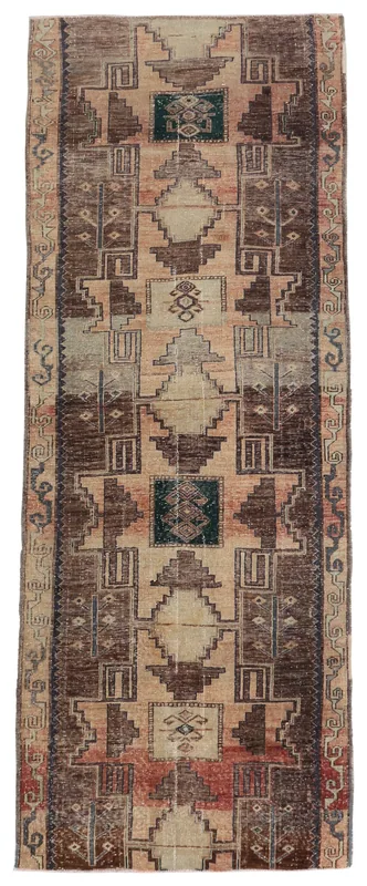 Earth Tone Geometric Anatolian Runner full top view, showcasing its tribal motifs and faded colors.