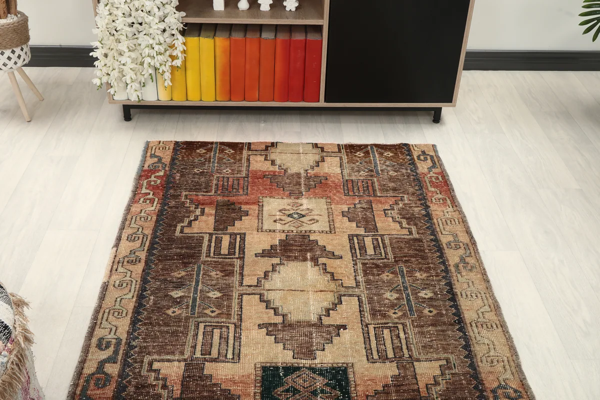 Earth Tone Geometric Anatolian Runner from a top-down angle, showcasing the overall pattern.