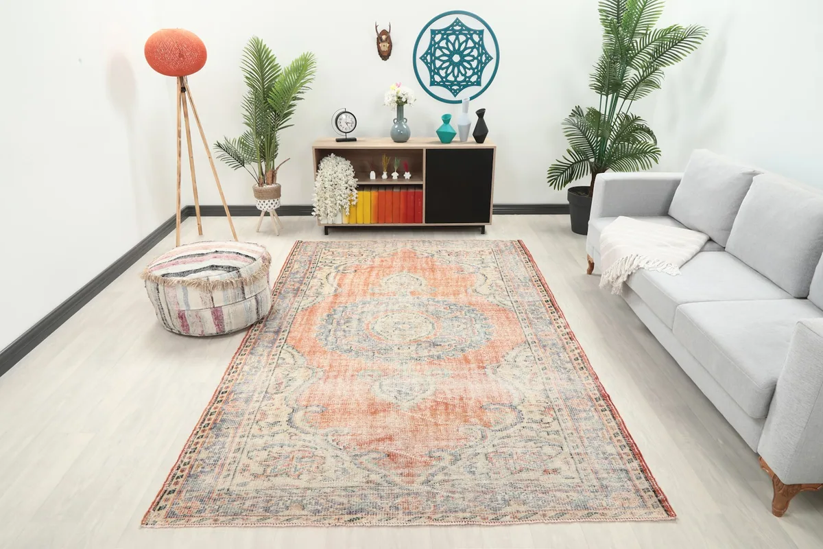 Vintage Anatolian rug in a modern living room setting with a gray sofa and plants