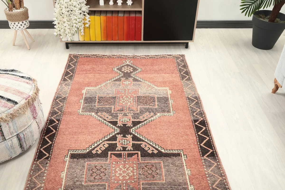 Overhead view of a section of the runner rug in a room, showing its placement.