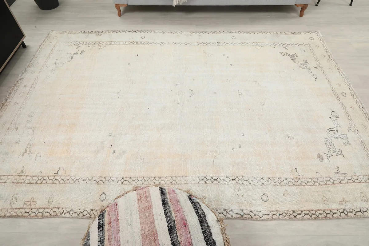 Another overhead perspective of the cream rug, emphasizing its overall shape and subtle patterns