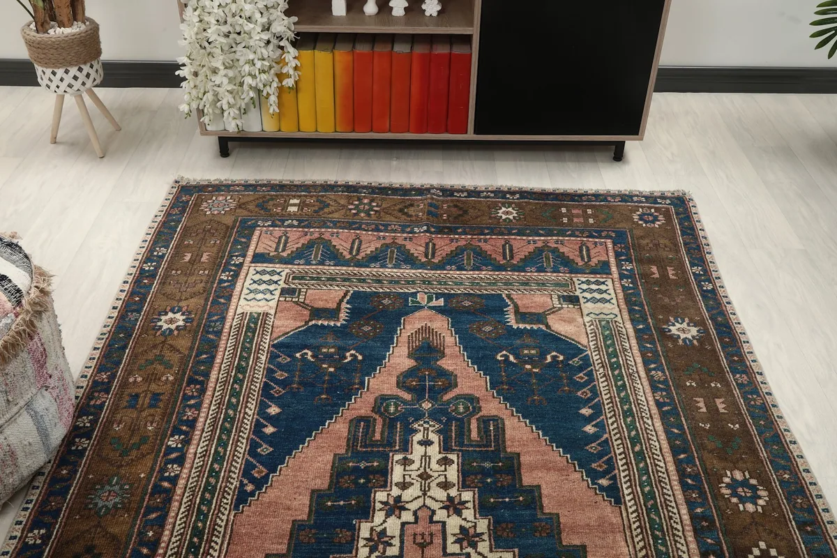 Overhead angle of the rug showing its full design and placement within a room setting.