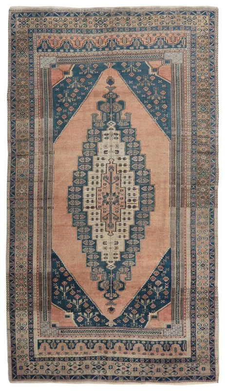 Full overhead view of the rust and blue vintage Anatolian rug on a white background
