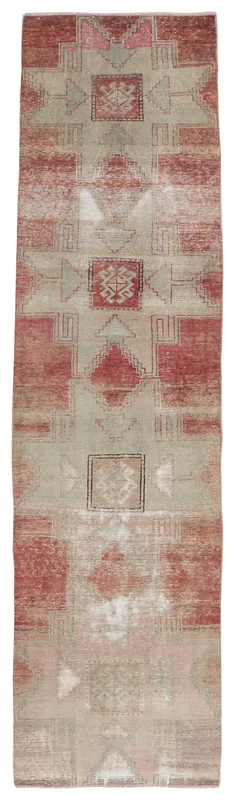 Full top view of the 2'10" x 11'4" rose and beige vintage Anatolian runner