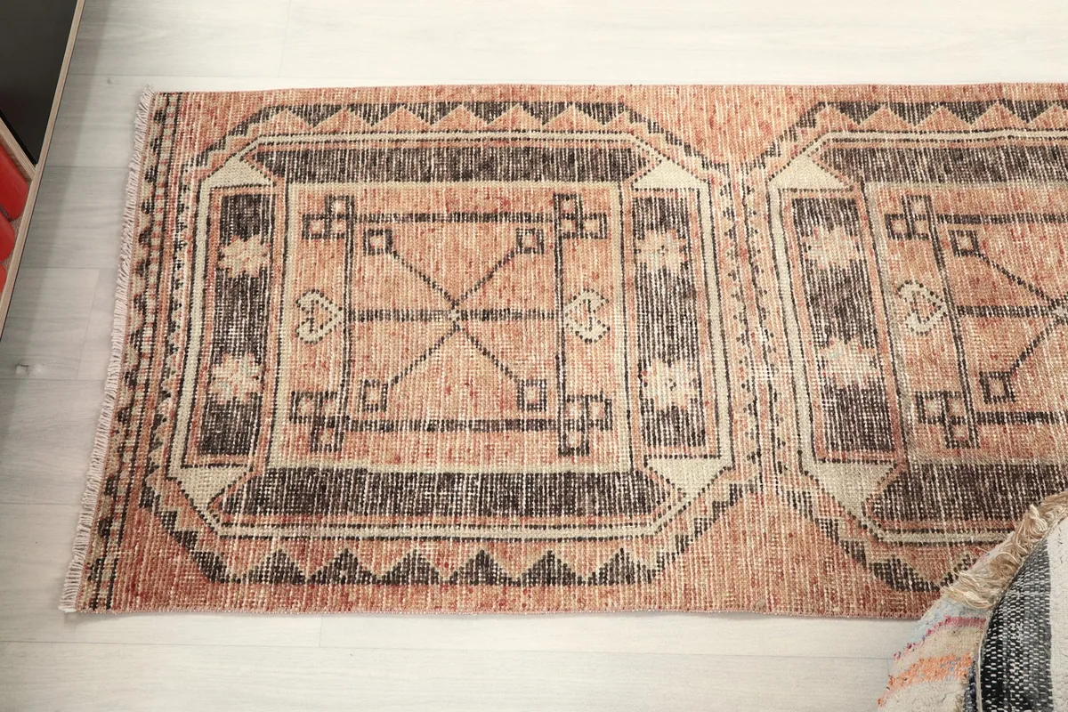 Overhead shot showcasing a section of the runner rug with its repeating geometric patterns.