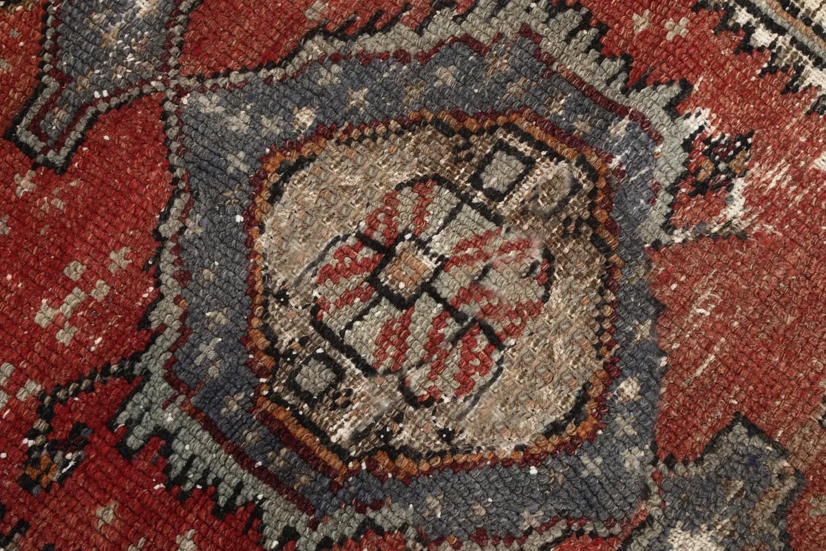 Detailed close-up of the central medallion of the Faded Red Tribal Geometric Rug, showing intricate patterns.