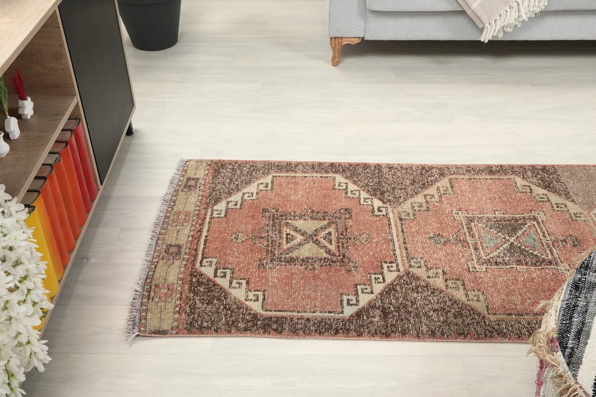 Overhead view of the runner rug in a room, showing its length and pattern